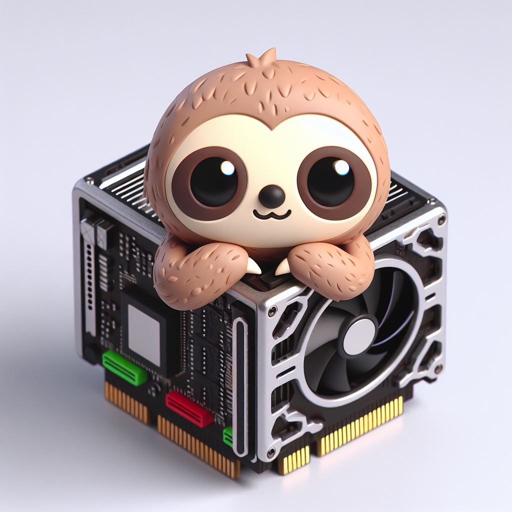 cute sloth on top of a 3d graphics card