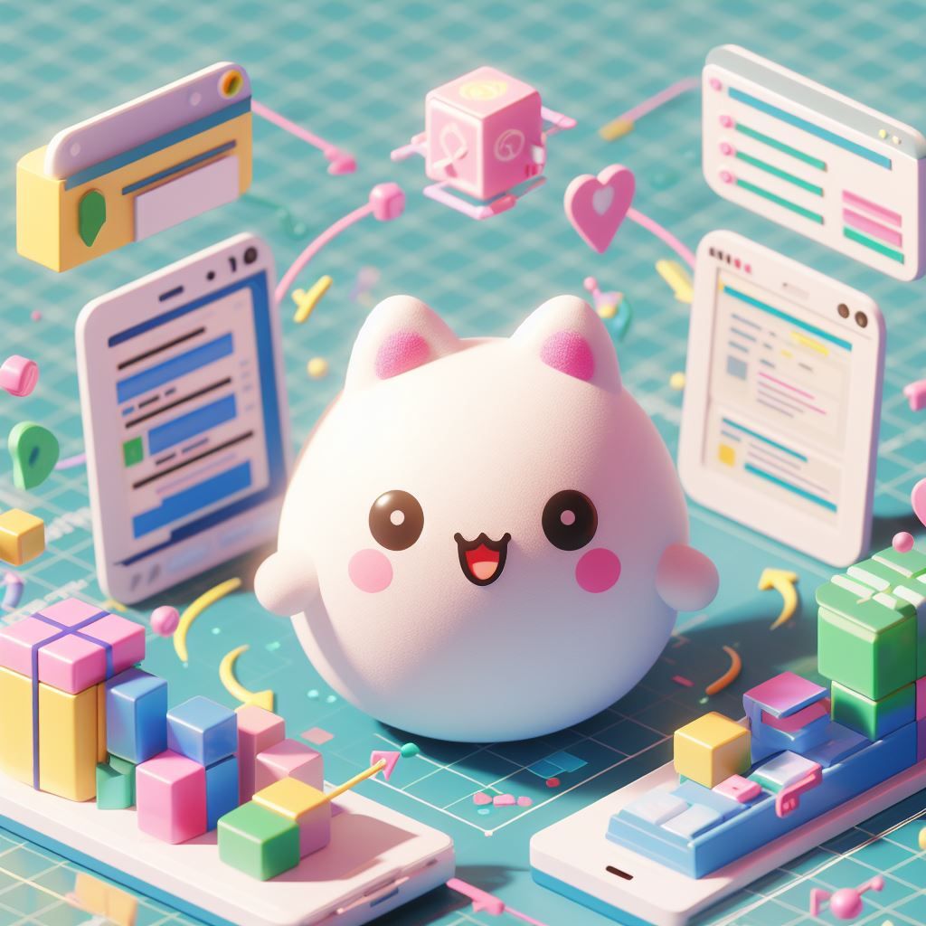 cute cat happy being surrounded by 3d code, objects and geometric blocks