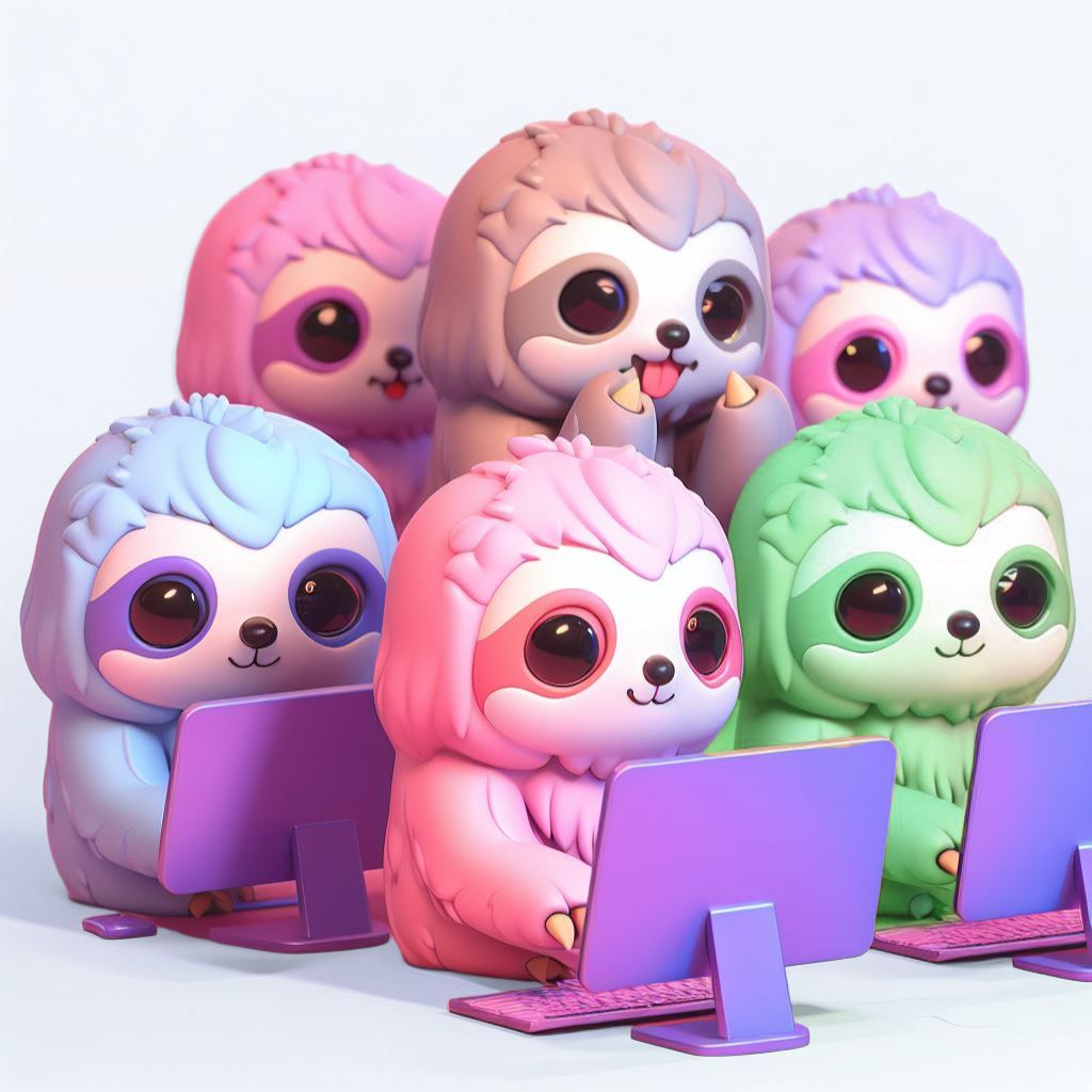 6 cute pastel coloured sloths staring at their computer screens happy