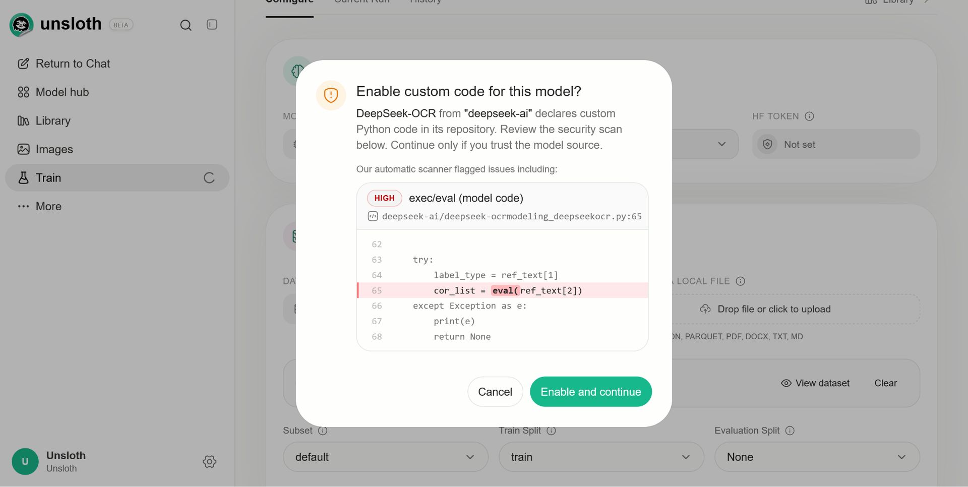 DeepSeek-OCR approval dialog displaying a high severity exec/eval finding