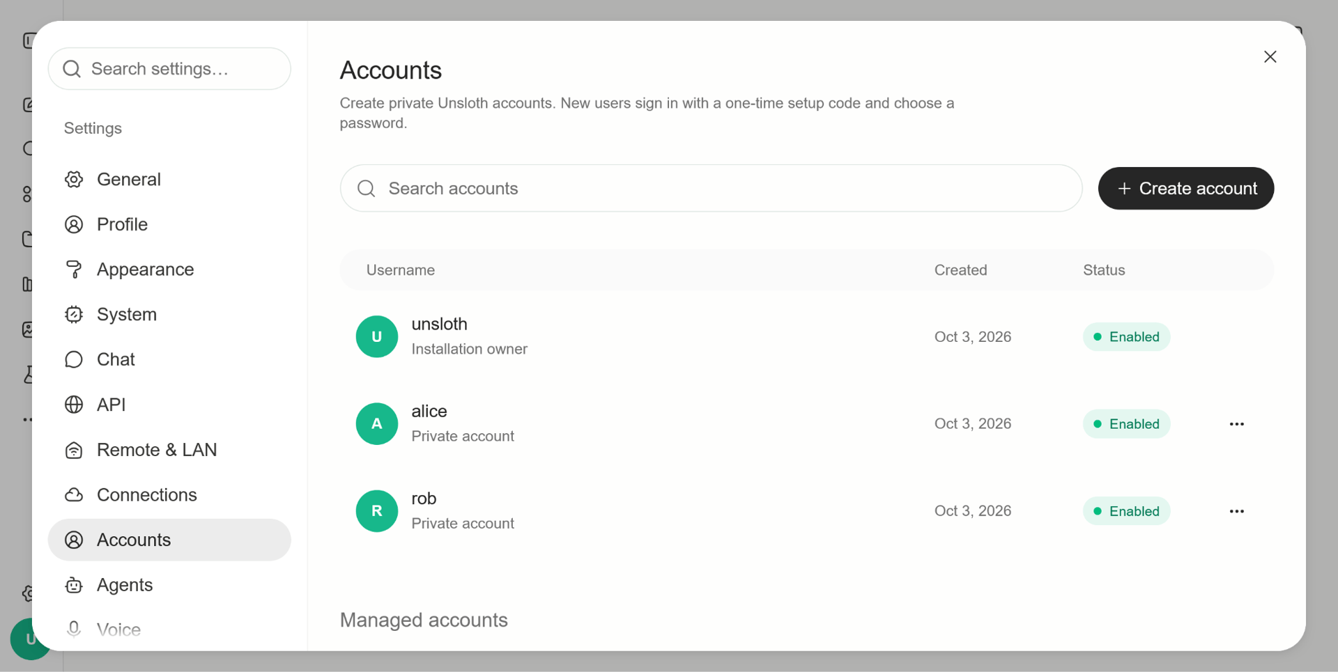 Unsloth account settings showing an installation owner and separate managed private accounts