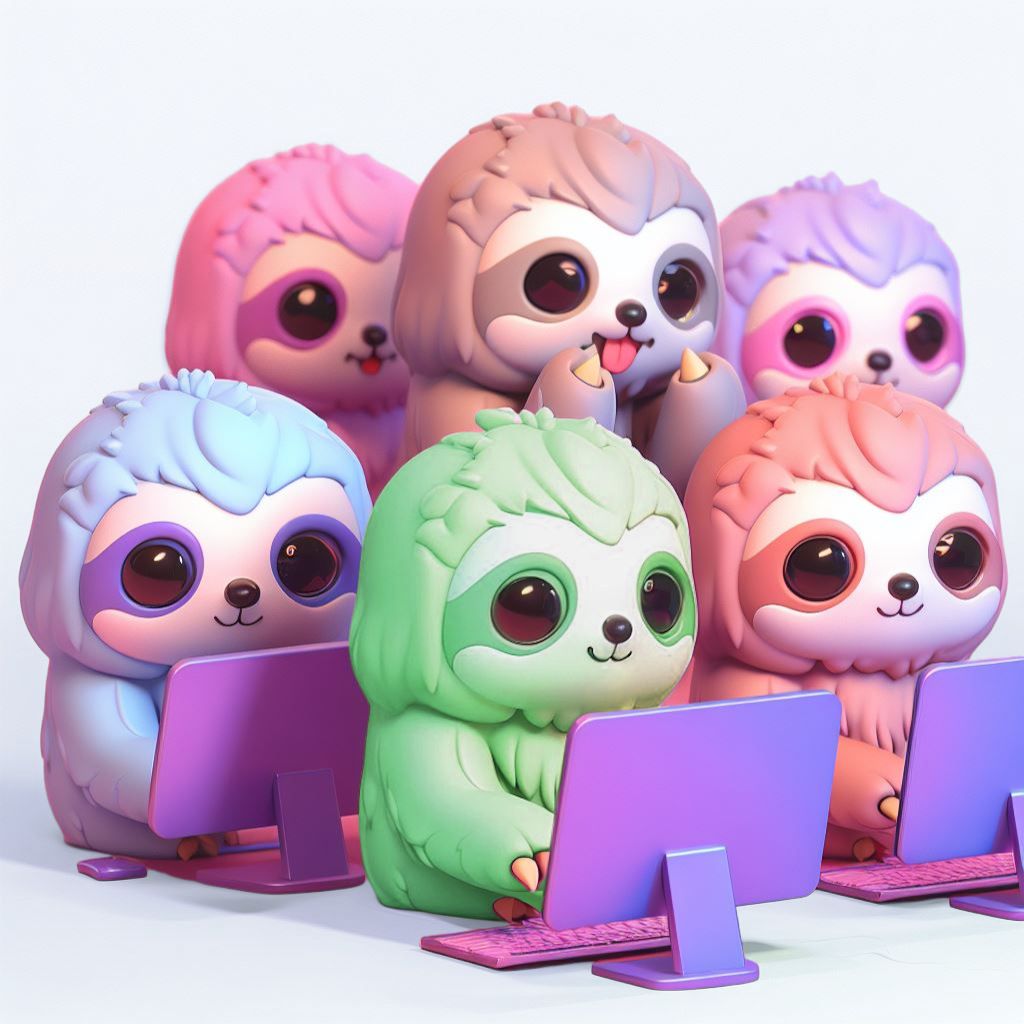 6 cute pastel coloured sloths staring at their computer screens happy